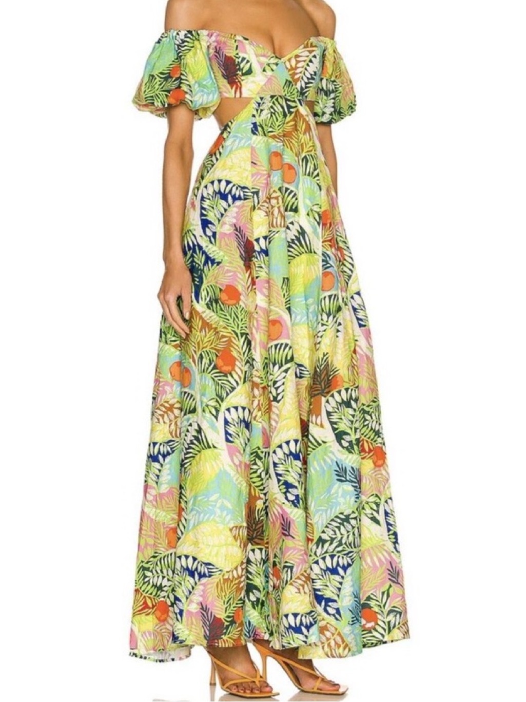 Staud Coliseum Tropical Print Off-Shoulder Cut-Out Maxi Dress